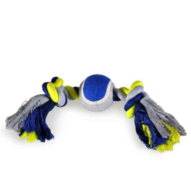 Image de Corde coton 2 noeuds +balle tennis bleu-jaune 30cm