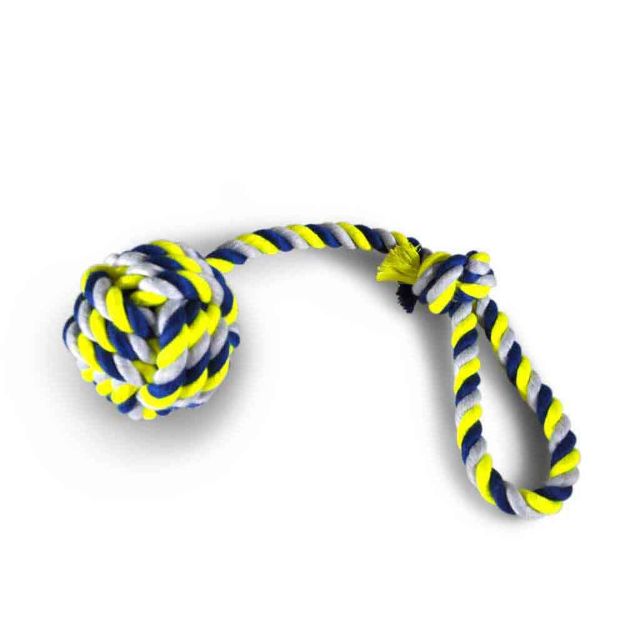 Image de Corde coton+poignée+balle Ø10,5cm bleu-jaune 54cm