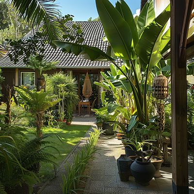 Vue panoramique d'un luxuriant jardin tropical en Belgique avec diverses plantes exotiques et palmiers